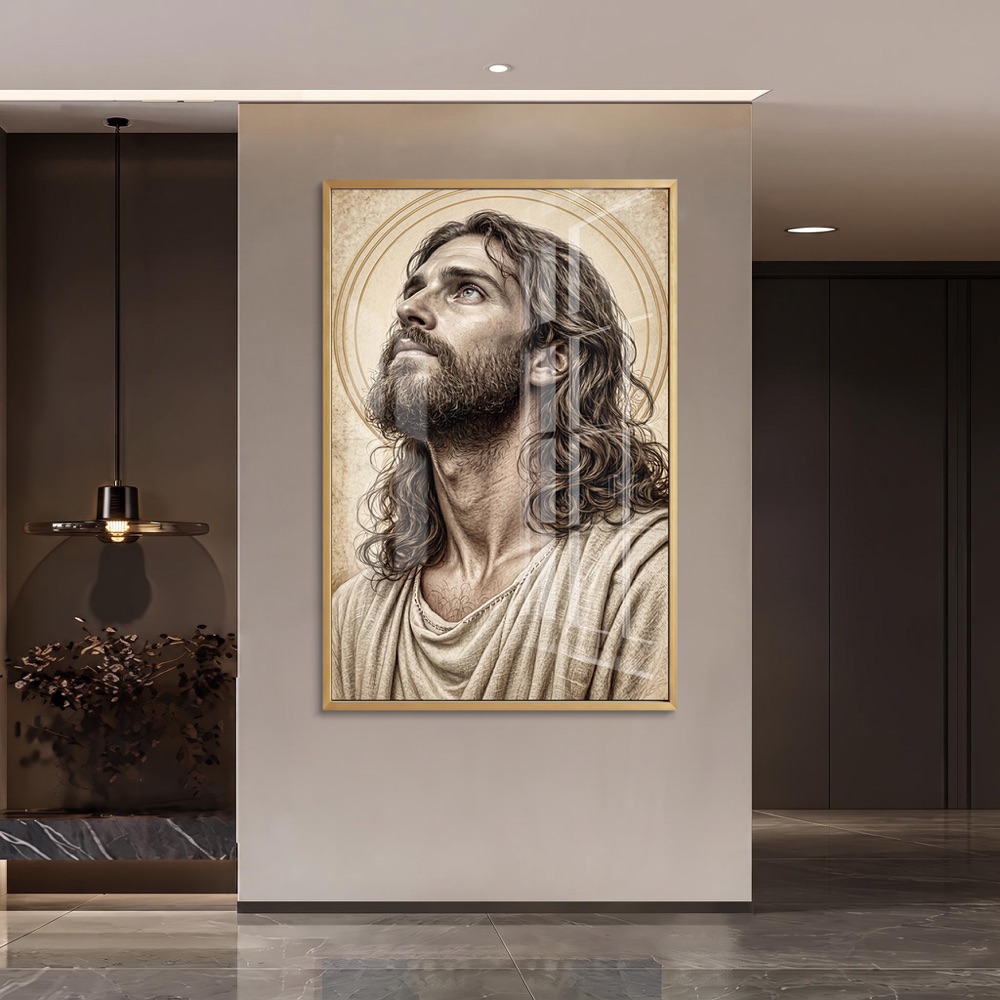 Vintage Pencil Sketch Jesus Glass Art - Image 2