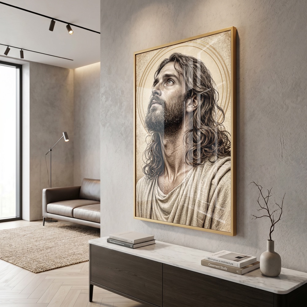 Vintage Pencil Sketch Jesus Glass Art - Image 3