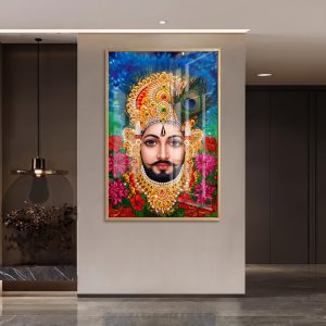 Divine Peacock Feather Shyam Baba Glass Frame