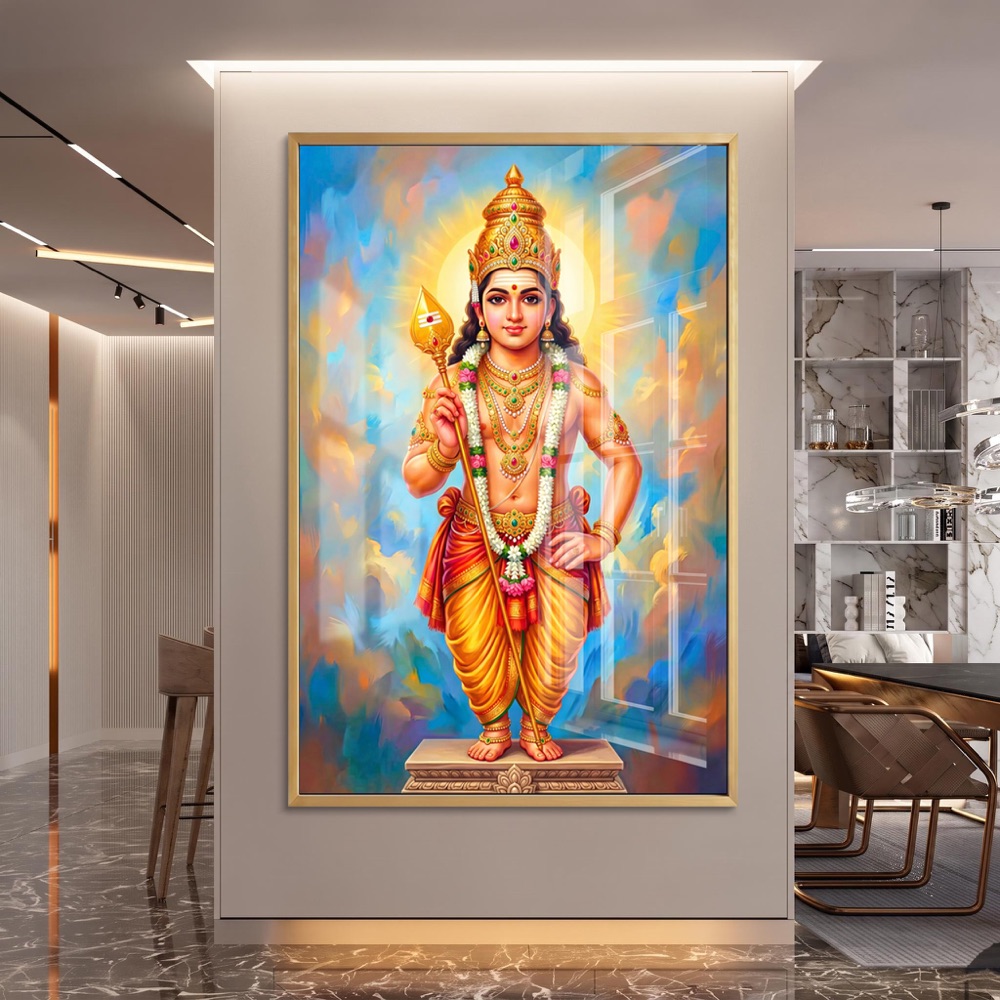 Vibrant Lord Murugan With Vel Glass Art