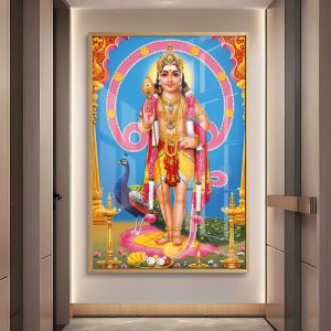 Lord Murugan On Lotus With Vel Painting