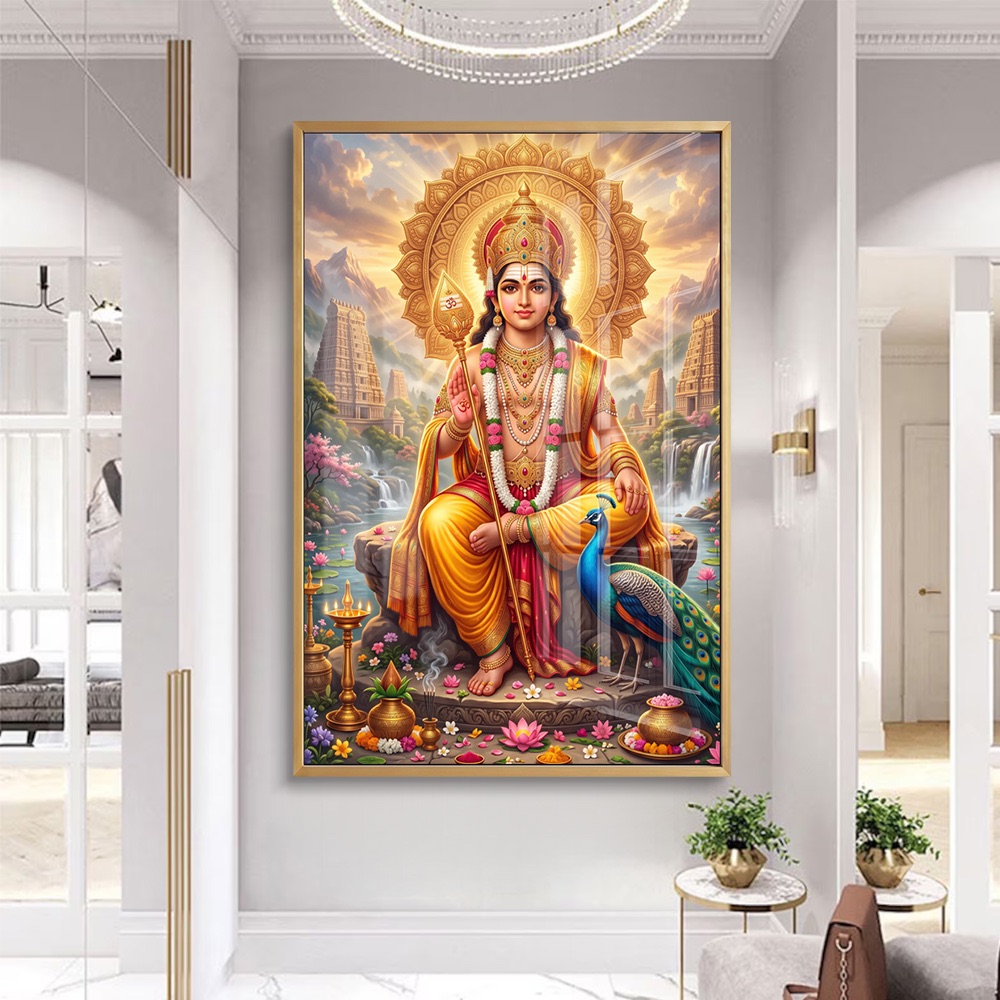 Seated Lord Murugan With Temple Landscape Painting