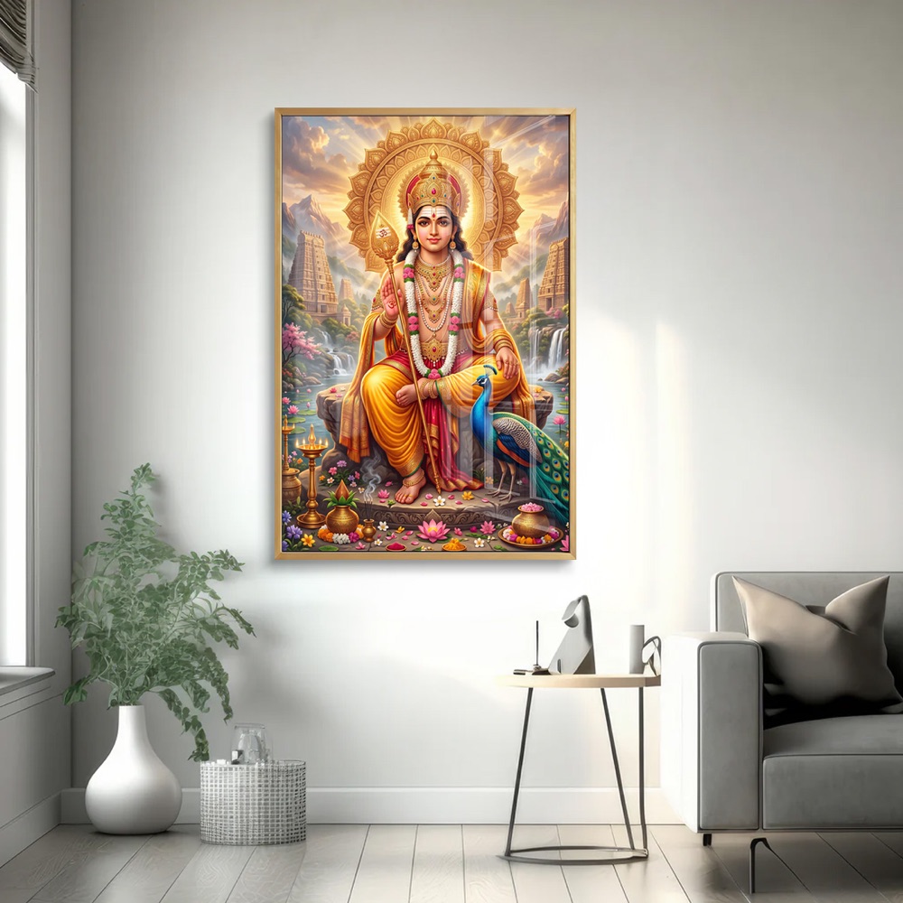 Seated Lord Murugan With Temple Landscape Painting - Image 2