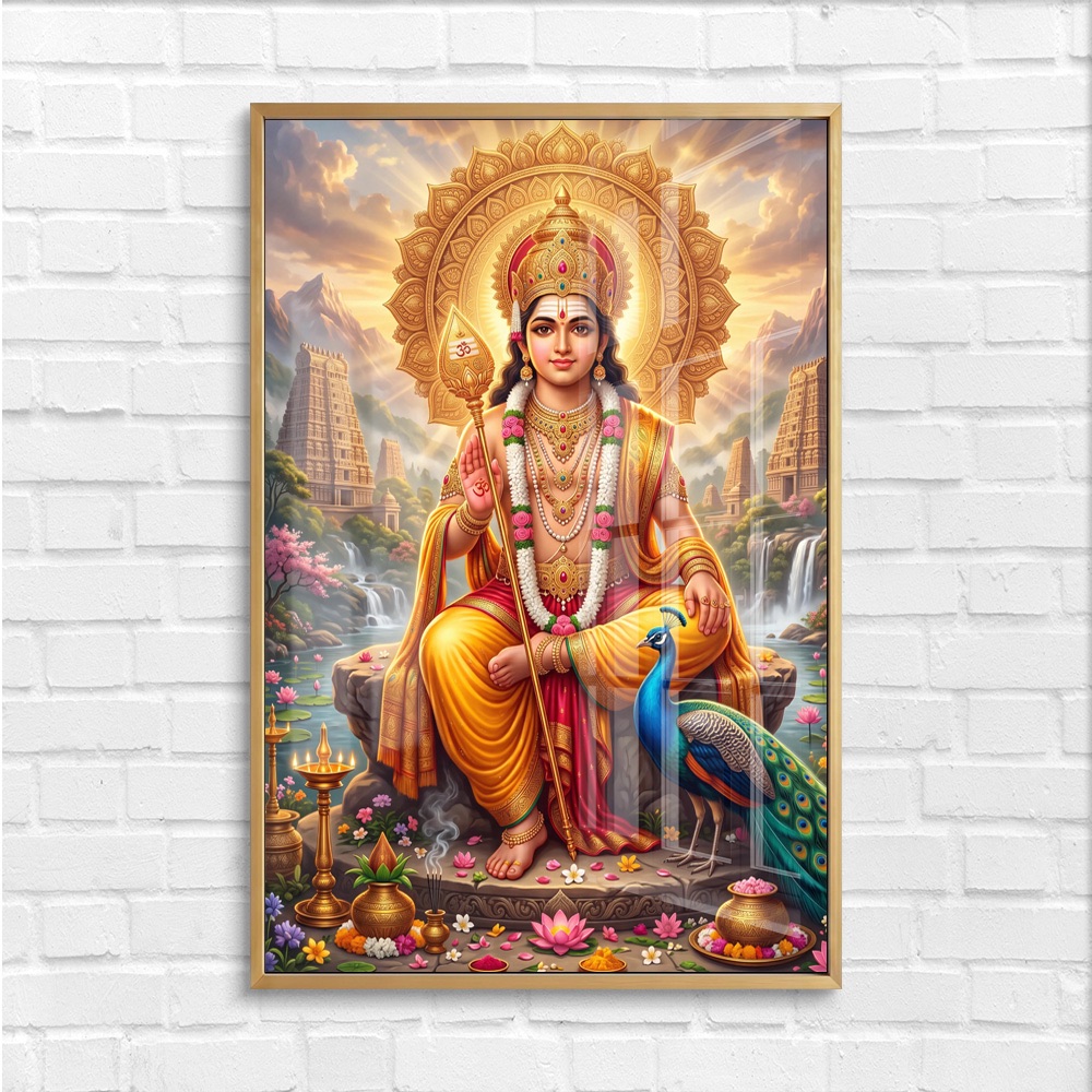 Seated Lord Murugan With Temple Landscape Painting - Image 4