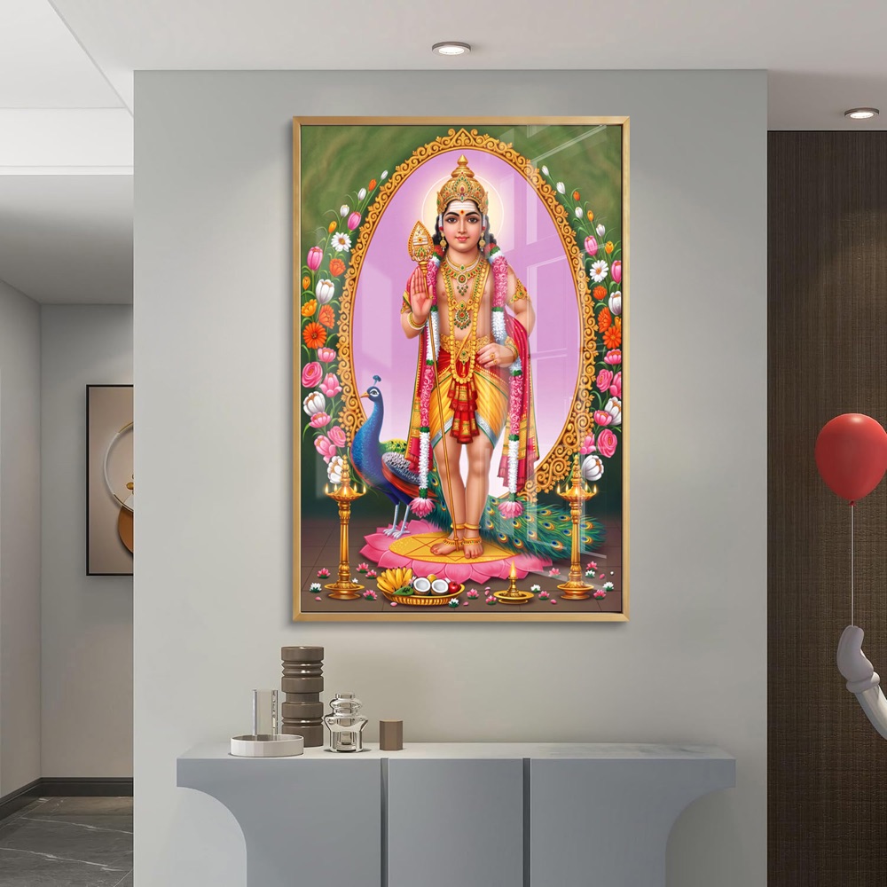 Lord Murugan With Vel In Floral Arch Glass Art - Image 2