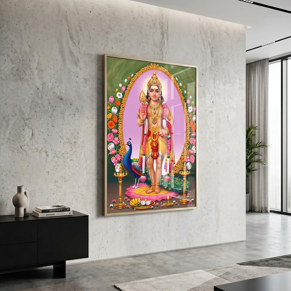 Lord Murugan With Vel In Floral Arch Glass Art - Image 3
