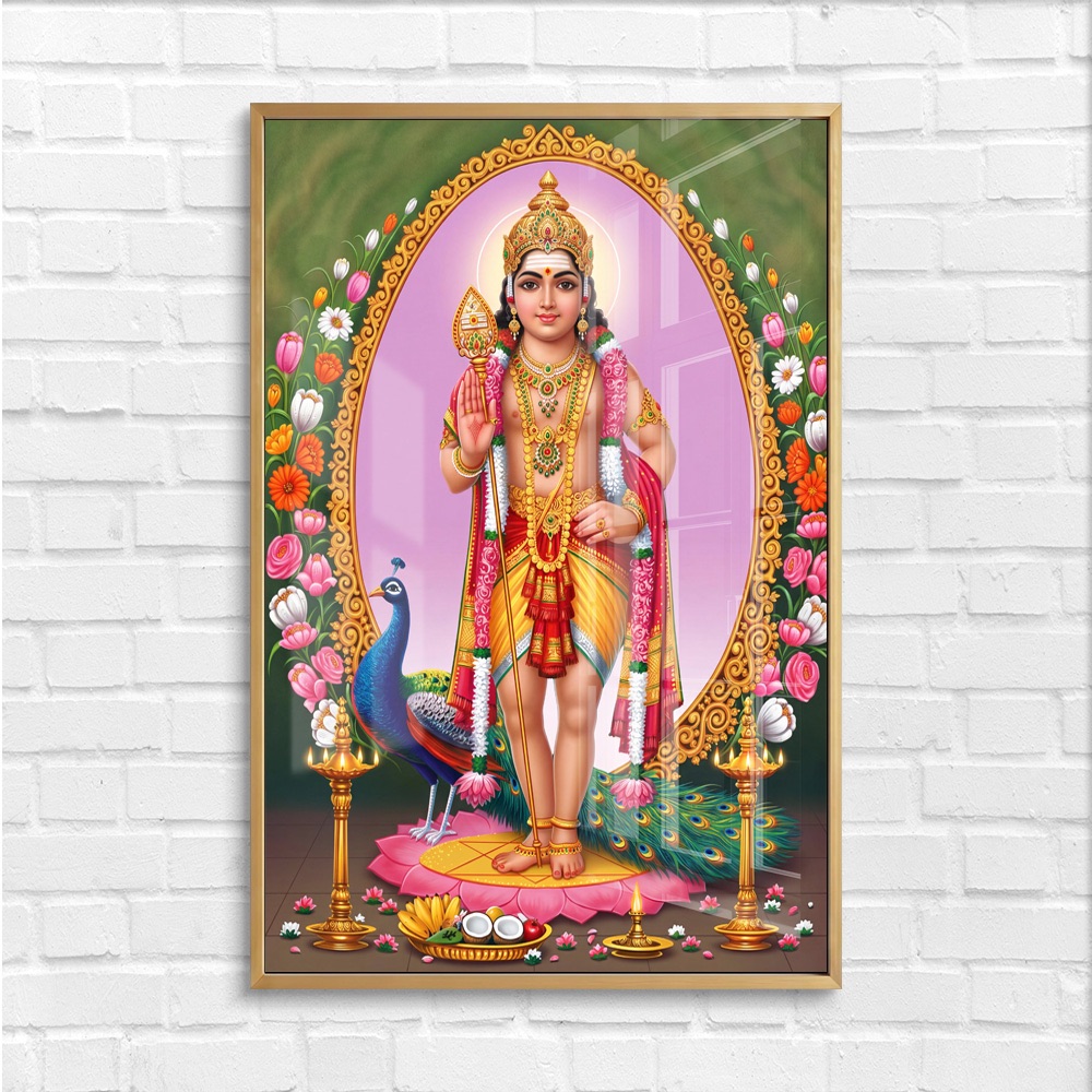 Lord Murugan With Vel In Floral Arch Glass Art - Image 4