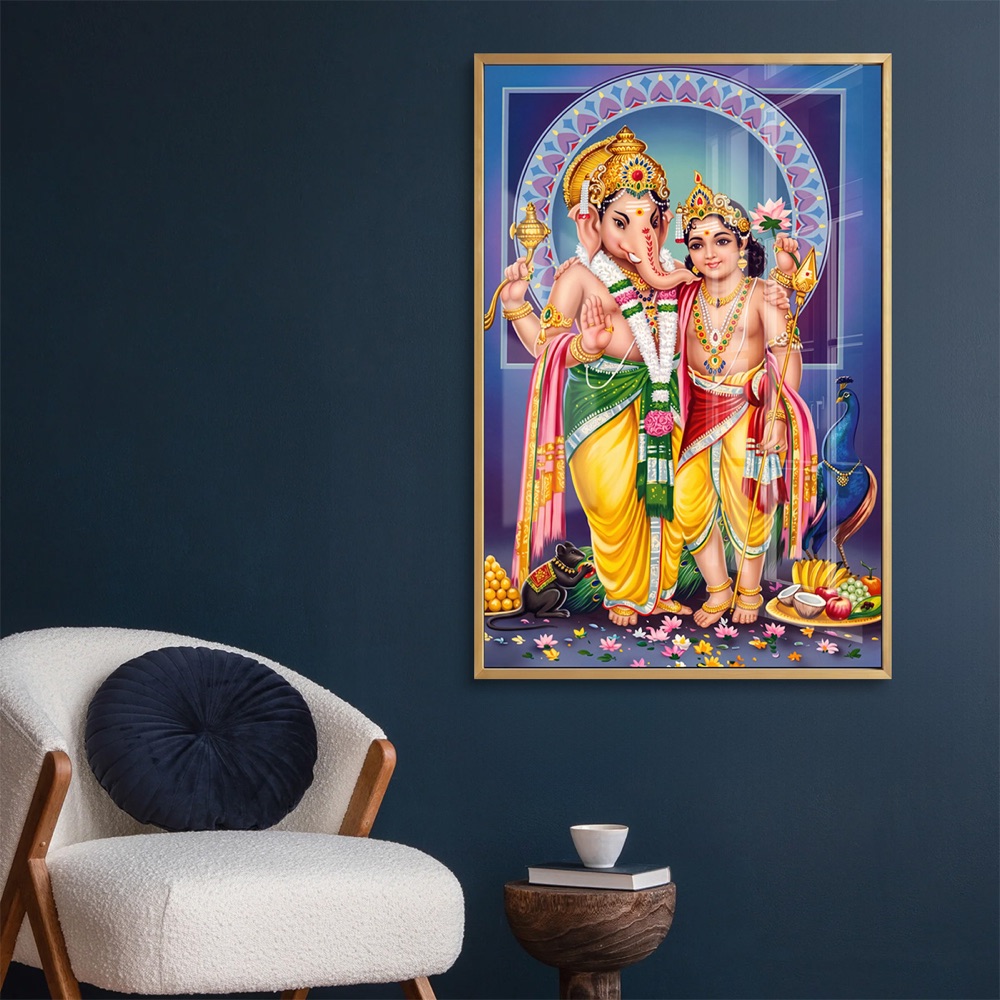 Lord Ganesha And Murugan Brothers Glass Painting - Image 2