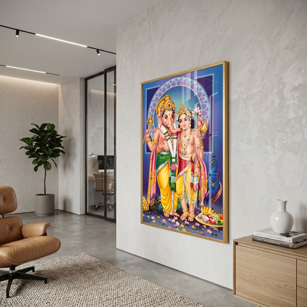 Lord Ganesha And Murugan Brothers Glass Painting - Image 3
