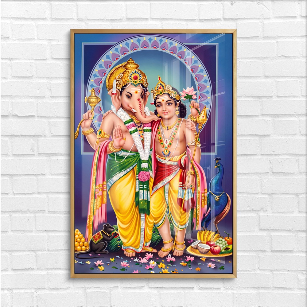 Lord Ganesha And Murugan Brothers Glass Painting - Image 4