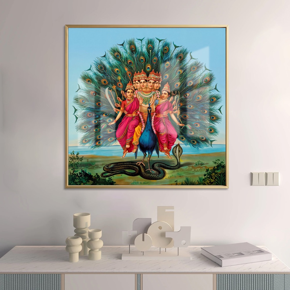 Six Faced Lord Arumugam On Peacock Painting - Image 2