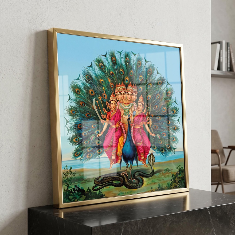 Six Faced Lord Arumugam On Peacock Painting - Image 3