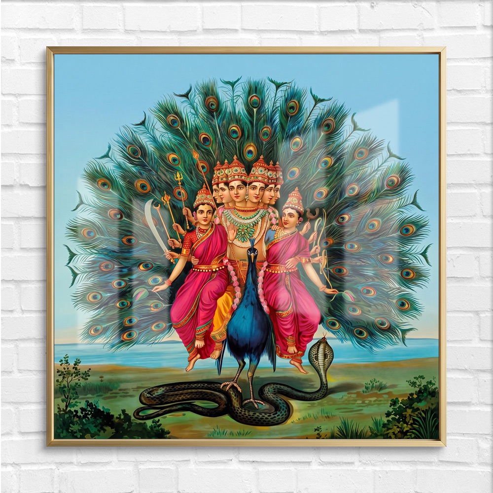 Six Faced Lord Arumugam On Peacock Painting - Image 4
