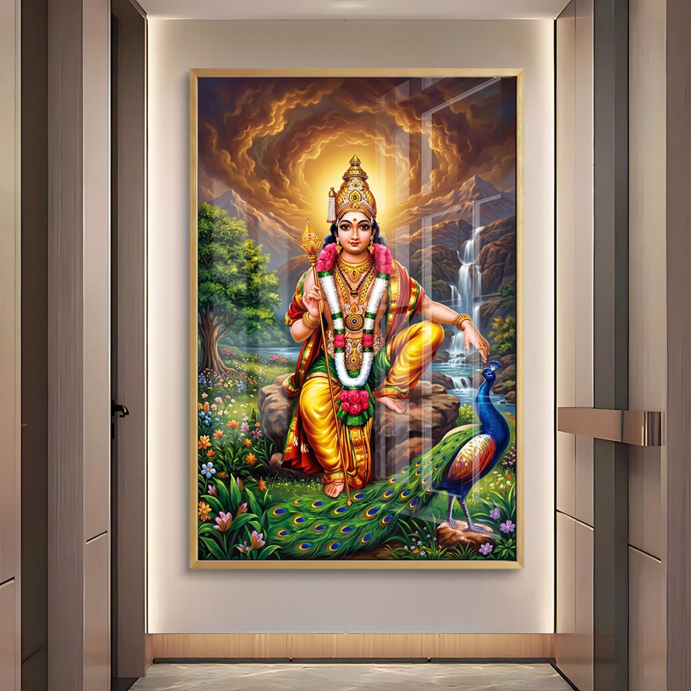 Seated Lord Murugan With Peacock Nature Painting - Image 2