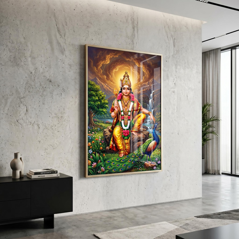 Seated Lord Murugan With Peacock Nature Painting - Image 3