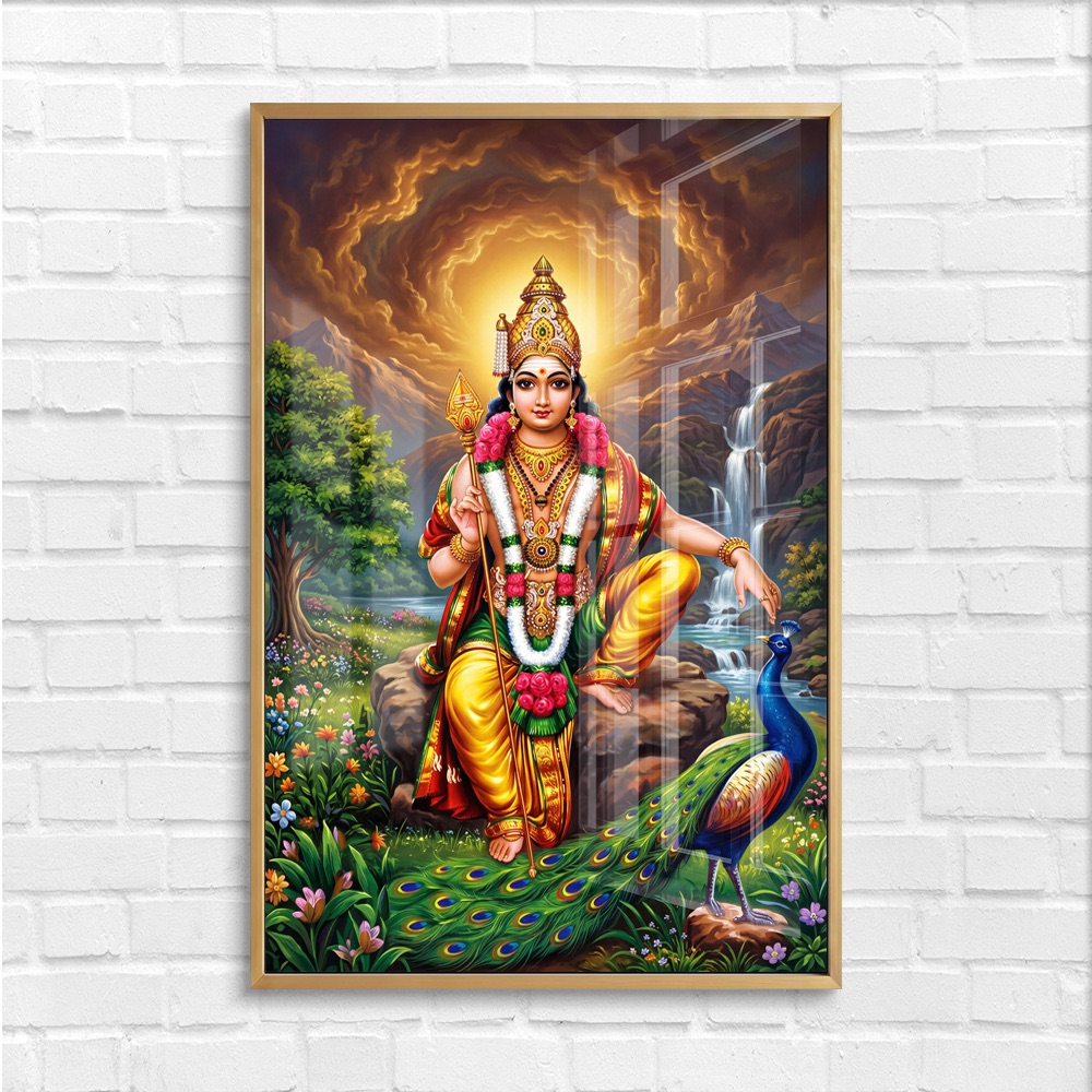 Seated Lord Murugan With Peacock Nature Painting - Image 4