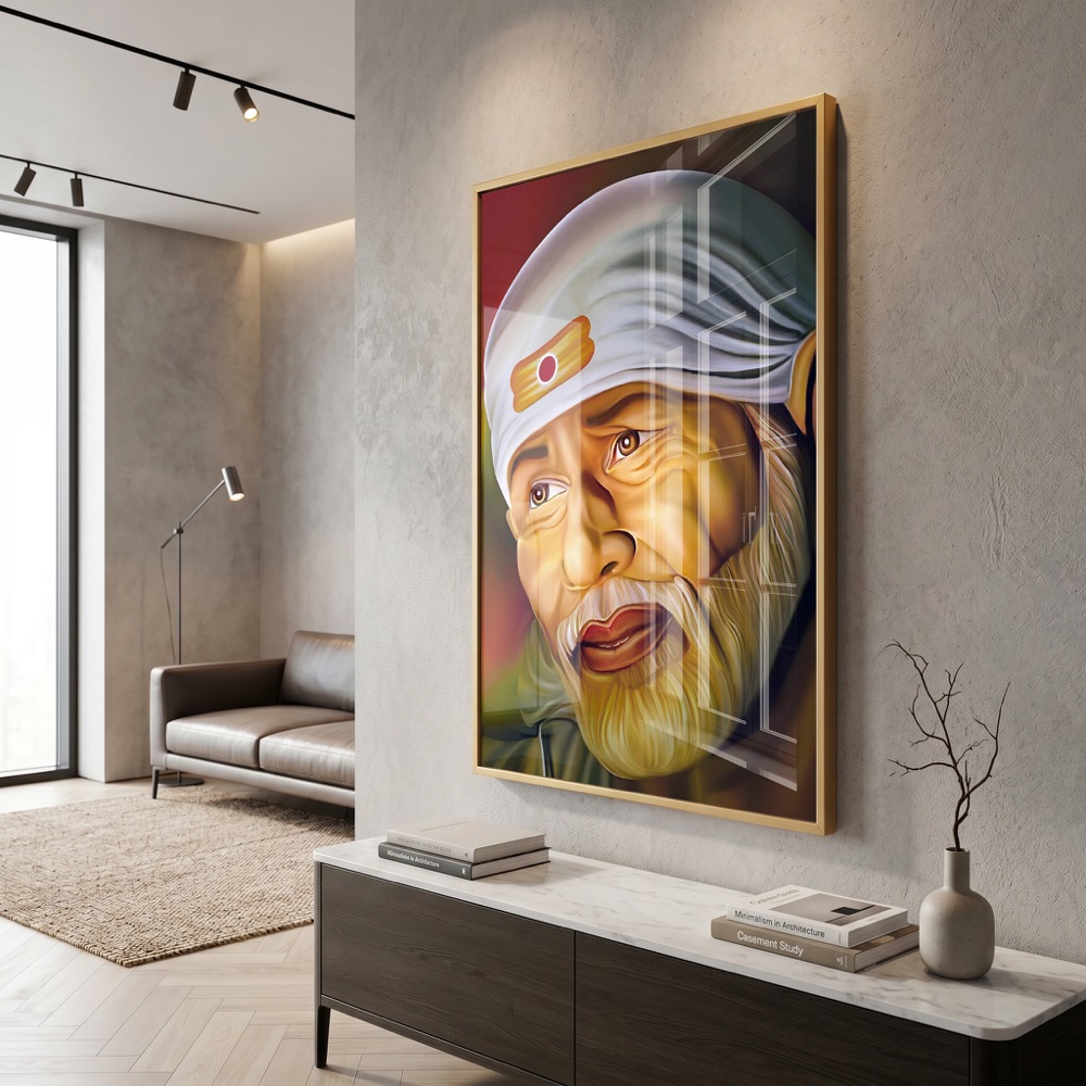 Serene Sai Baba Close Up Portrait Painting - Image 3