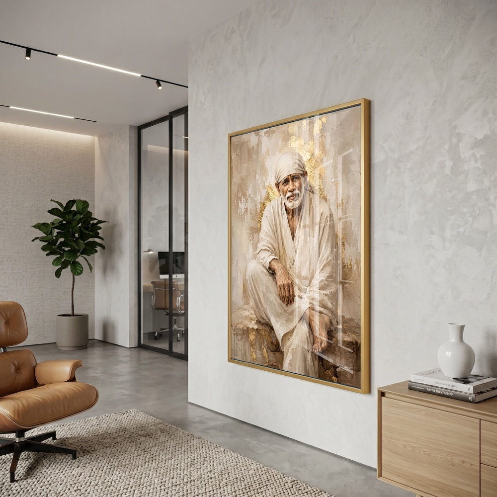 Textured Gold Sai Baba Glass Painting - Image 3