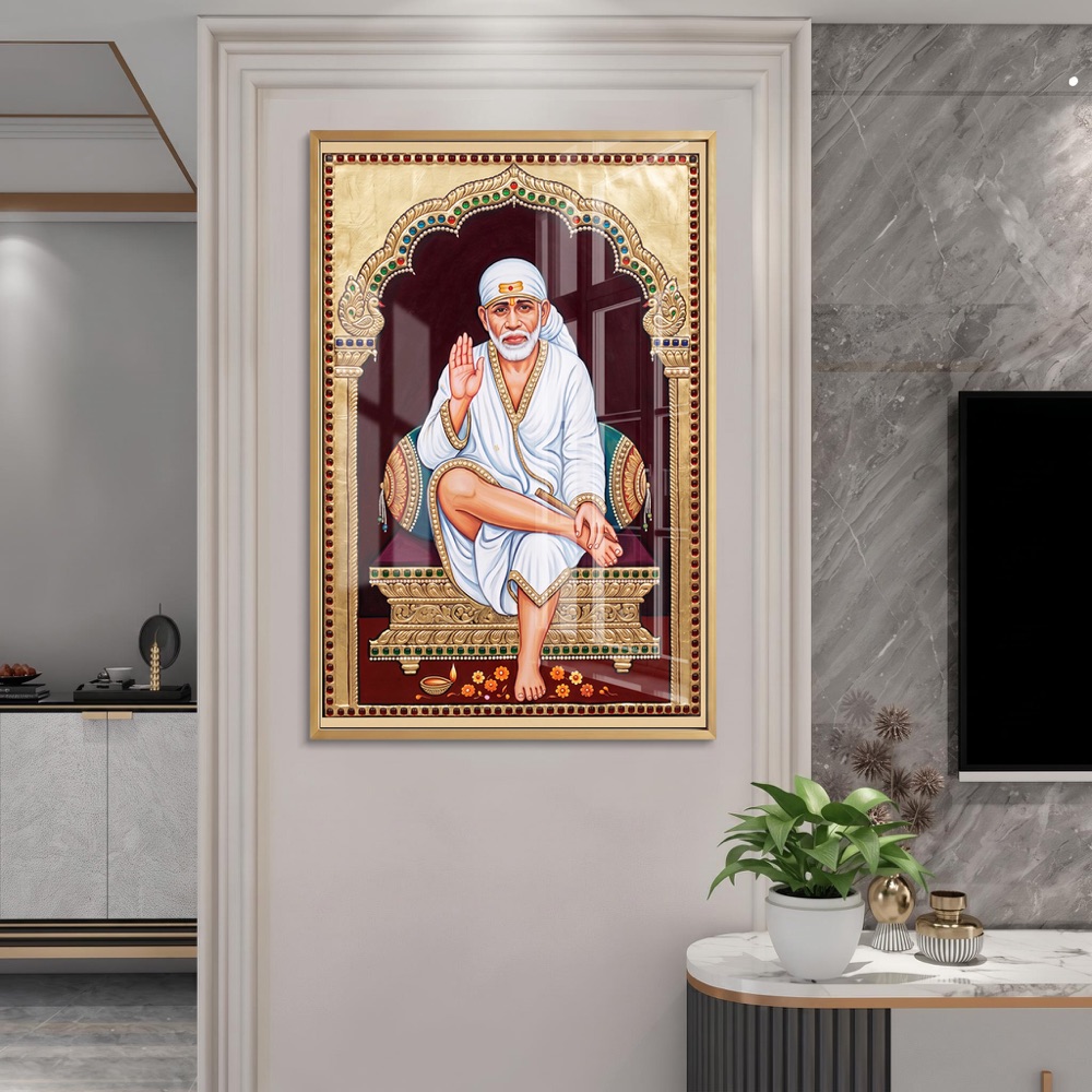 Traditional Tanjore Art Sai Baba Glass Painting - Image 2