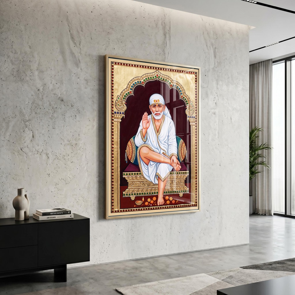 Traditional Tanjore Art Sai Baba Glass Painting - Image 3