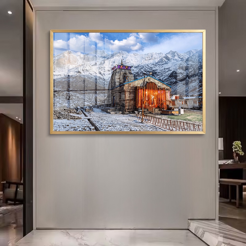 Illuminated Kedarnath Temple Winter Landscape Painting - Image 2