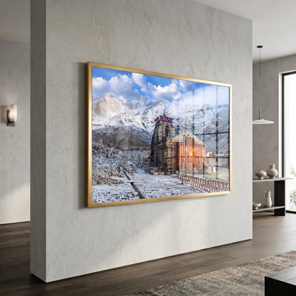 Illuminated Kedarnath Temple Winter Landscape Painting - Image 3