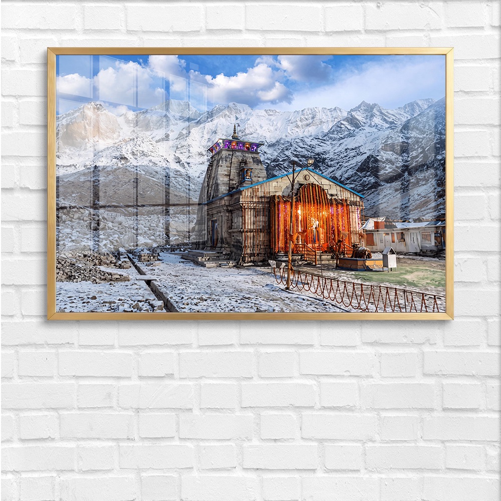 Illuminated Kedarnath Temple Winter Landscape Painting - Image 4