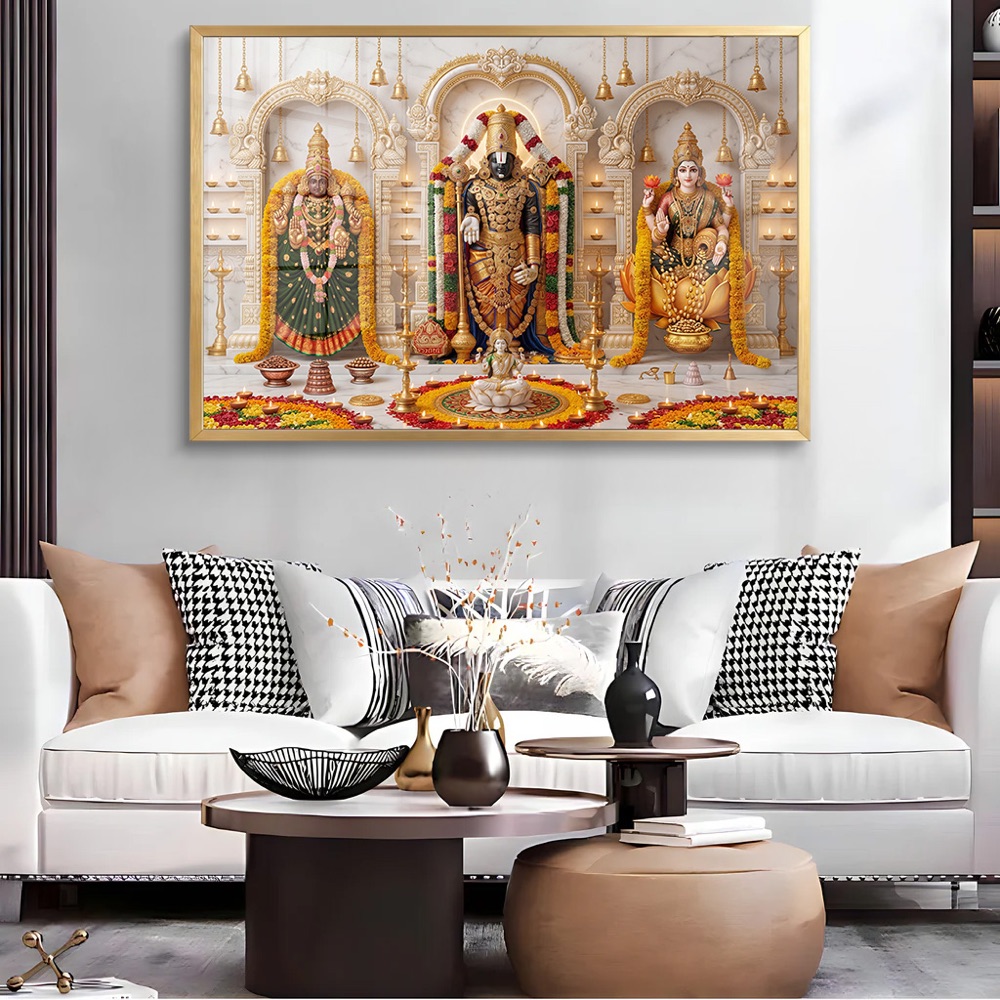 White Marble Balaji Triple Shrine Mandir Glass Painting - Image 2