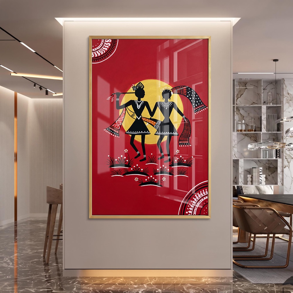 Vibrant Red Dancing Couple Indian Folk Painting