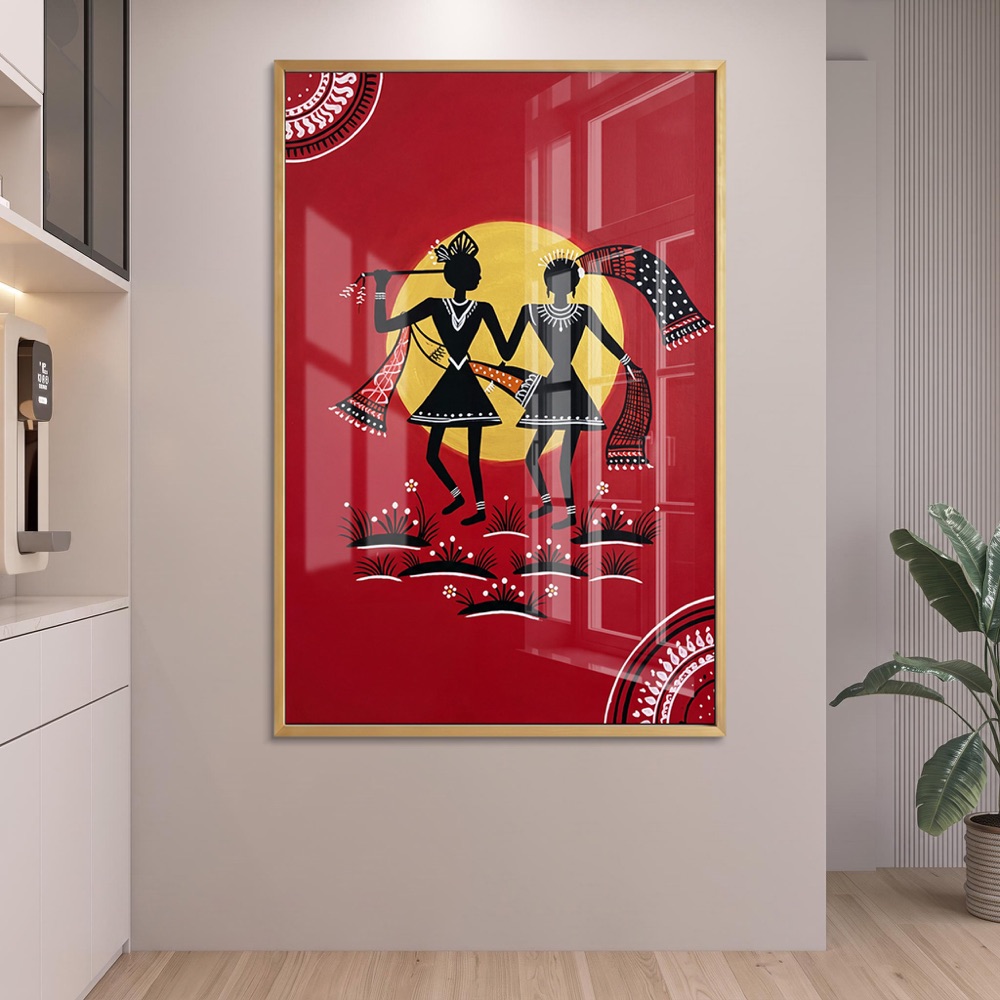 Vibrant Red Dancing Couple Indian Folk Painting - Image 2