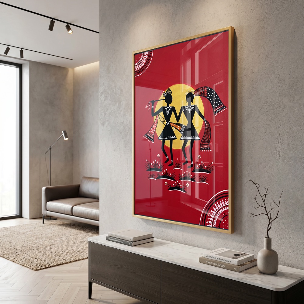 Vibrant Red Dancing Couple Indian Folk Painting - Image 3