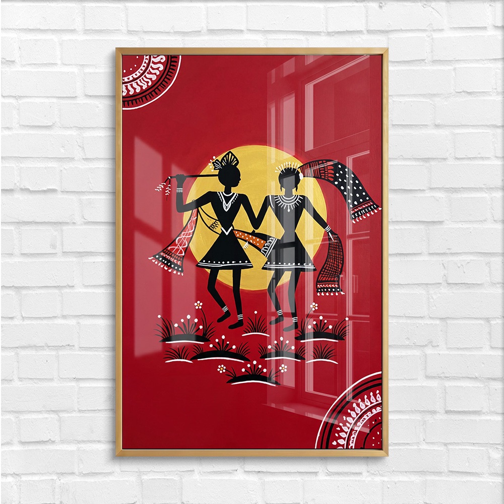 Vibrant Red Dancing Couple Indian Folk Painting - Image 4