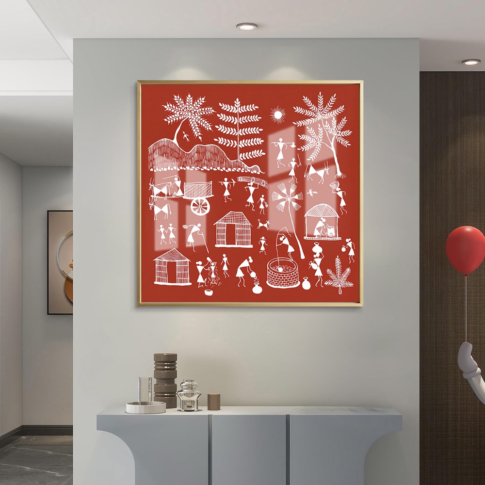 Rustic Red Indian Village Life Warli Painting - Image 2