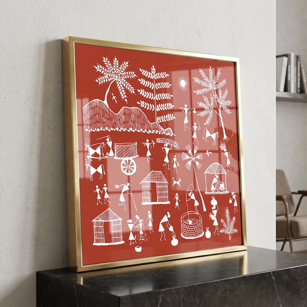 Rustic Red Indian Village Life Warli Painting - Image 3