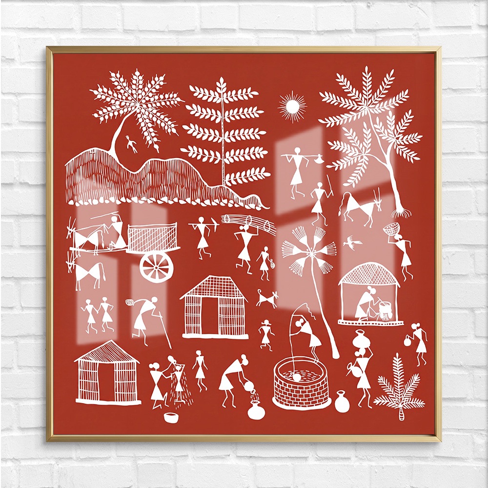 Rustic Red Indian Village Life Warli Painting - Image 4