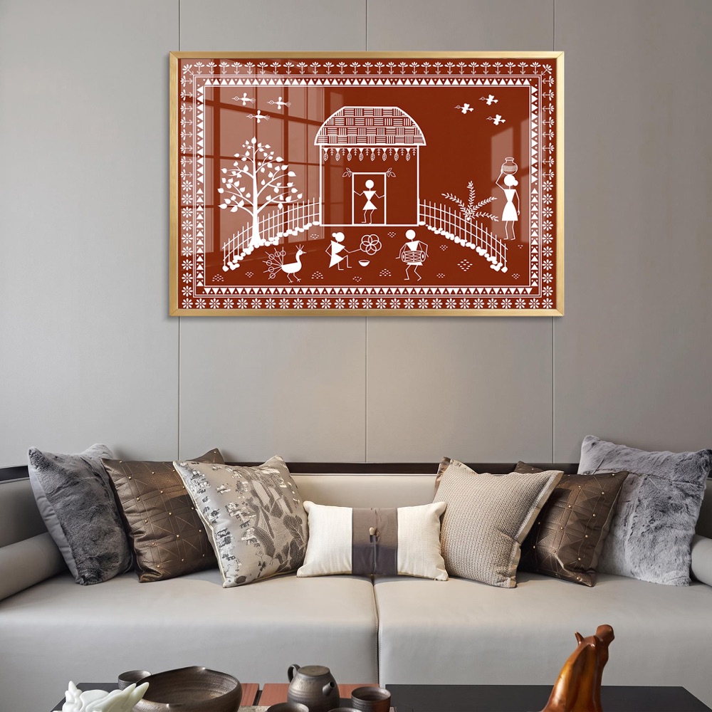 Traditional Indian Hut Peacock Warli Wall Decor - Image 2