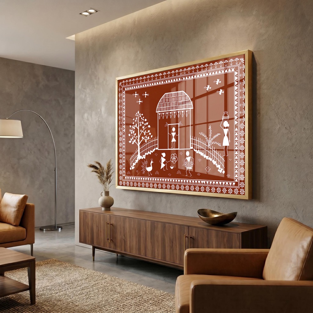 Traditional Indian Hut Peacock Warli Wall Decor - Image 3