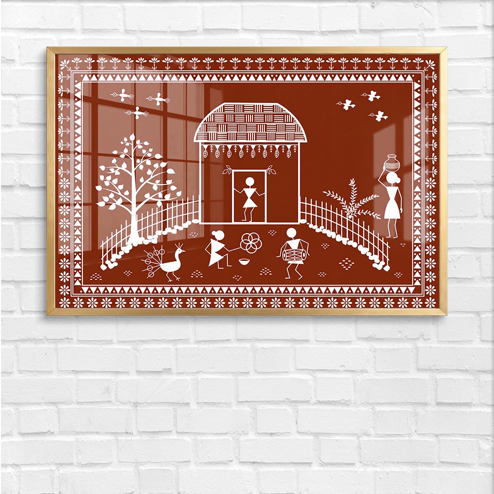 Traditional Indian Hut Peacock Warli Wall Decor - Image 4
