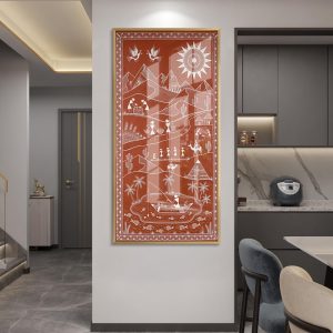 Desert Mountain River Boat Fishing Warli Art