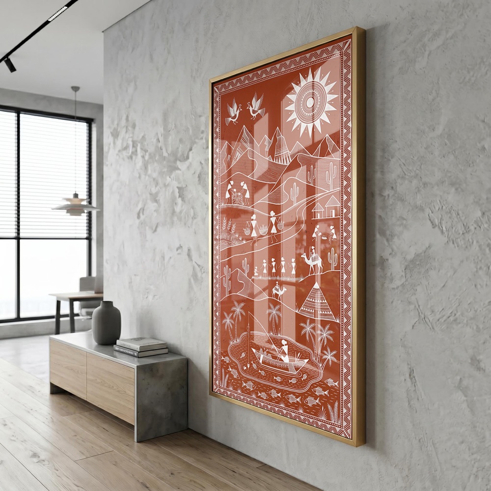 Desert Mountain River Boat Fishing Warli Art - Image 3