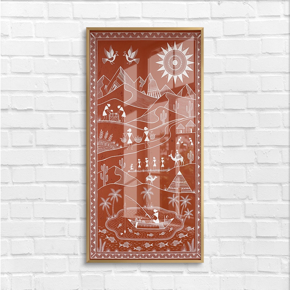 Desert Mountain River Boat Fishing Warli Art - Image 4