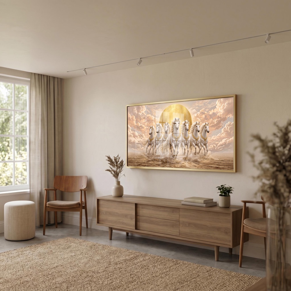 Vastu Seven Horse Golden Sunrise Painting - Image 3