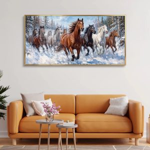 Snowy Forest Wild Horses Running Painting