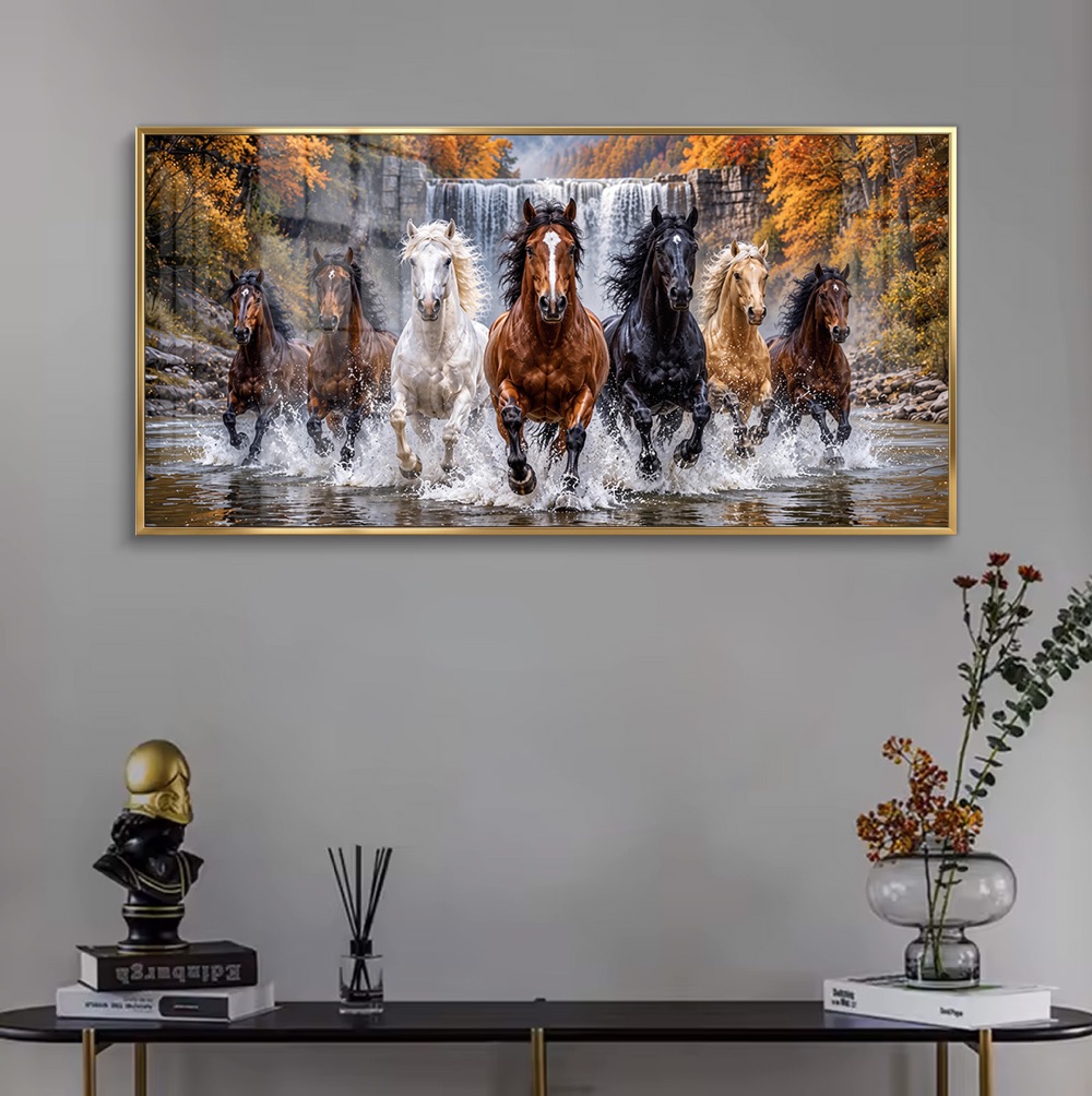 Waterfall Autumn Forest Seven Horse Painting