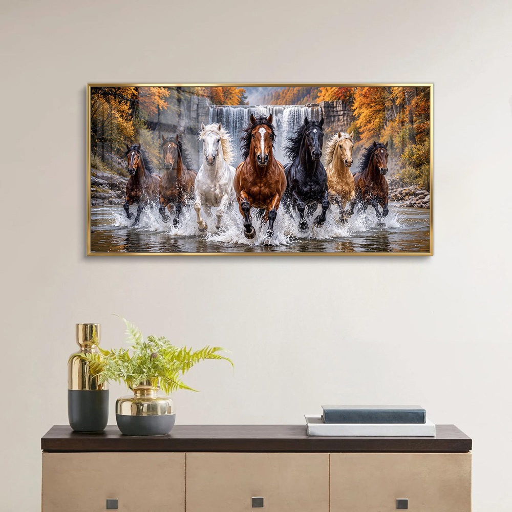 Waterfall Autumn Forest Seven Horse Painting - Image 2