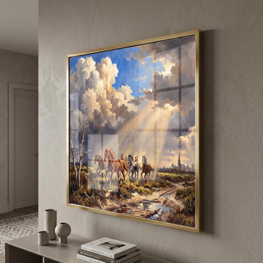 Stormy Sky Sunbeam Wild Seven Horses Painting - Image 3