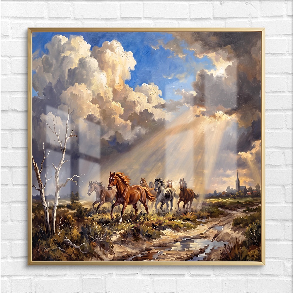 Stormy Sky Sunbeam Wild Seven Horses Painting - Image 4