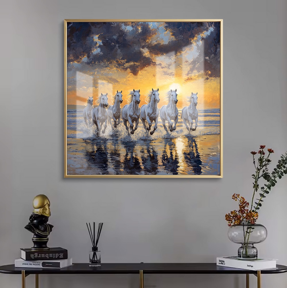 Beach Reflection 7 Horse Sunrise Painting - Image 2