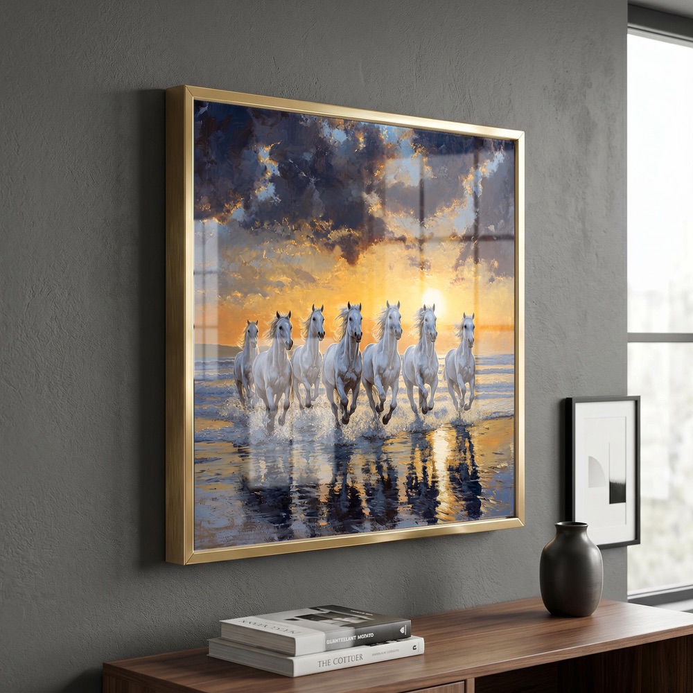 Beach Reflection 7 Horse Sunrise Painting - Image 3