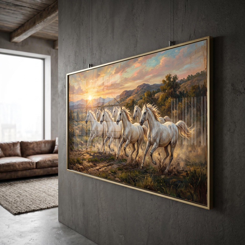 Dusty Field Seven Horse Sunrise Painting - Image 3